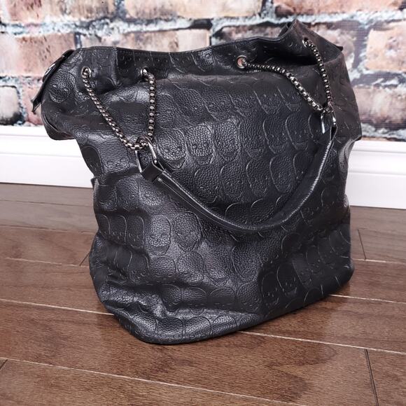 Skull Embossed Bucket Bag Tote Black Shopper Purse Chain Gothic Punk Alternative - Picture 1 of 11